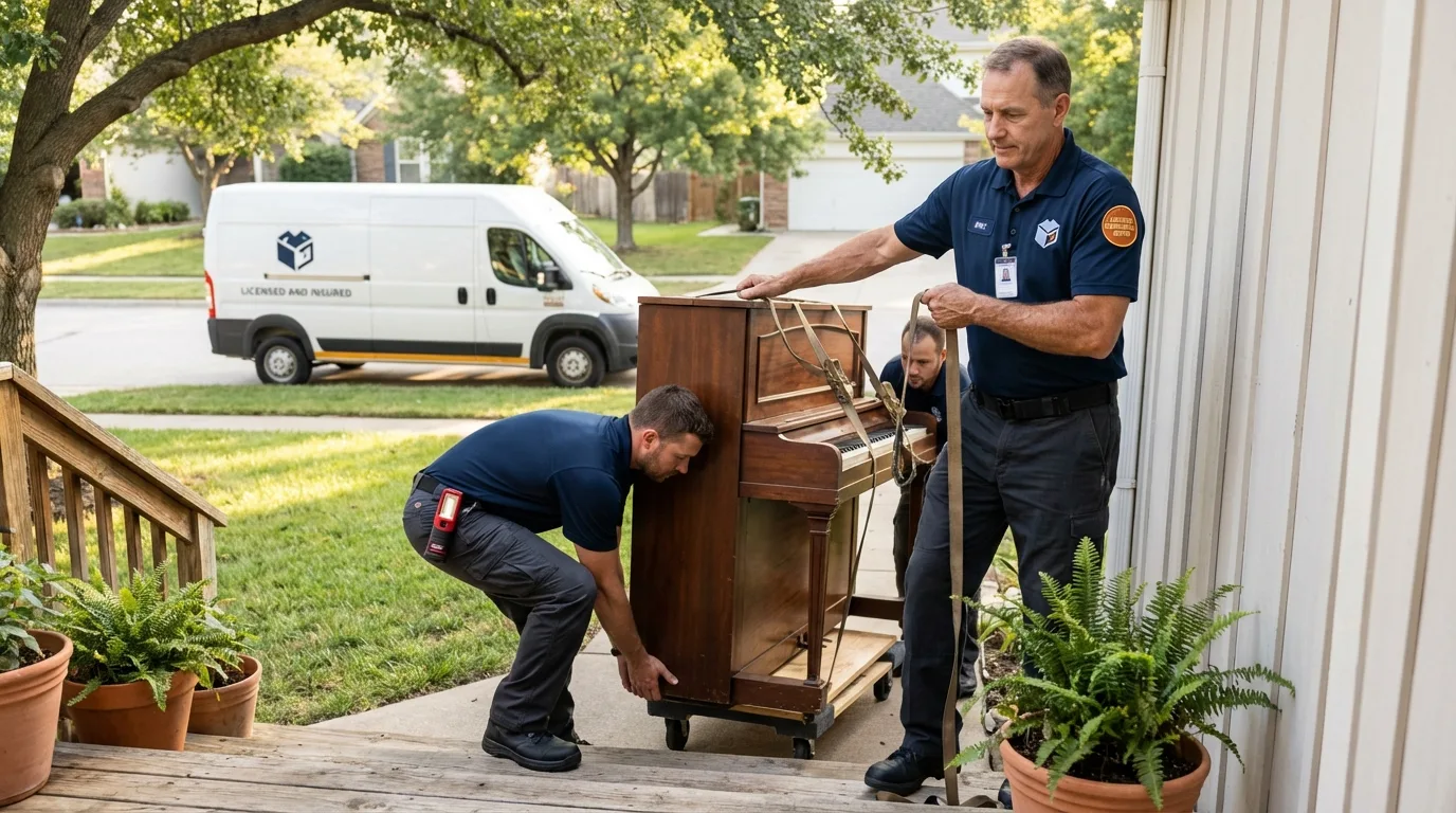 Licensed piano movers securing grand piano in North Royalton, OH