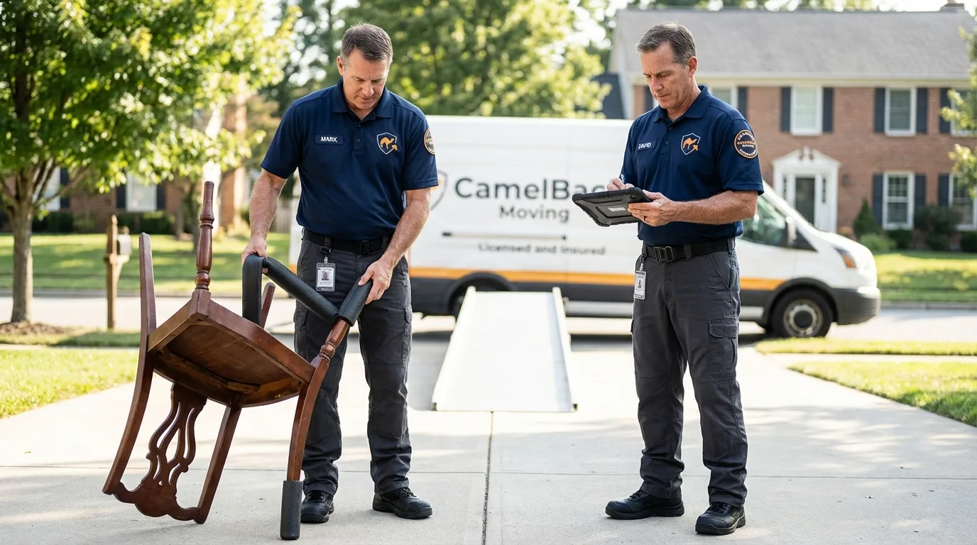 Movers inspecting furniture for damage prevention before loading in North Royalton, OH