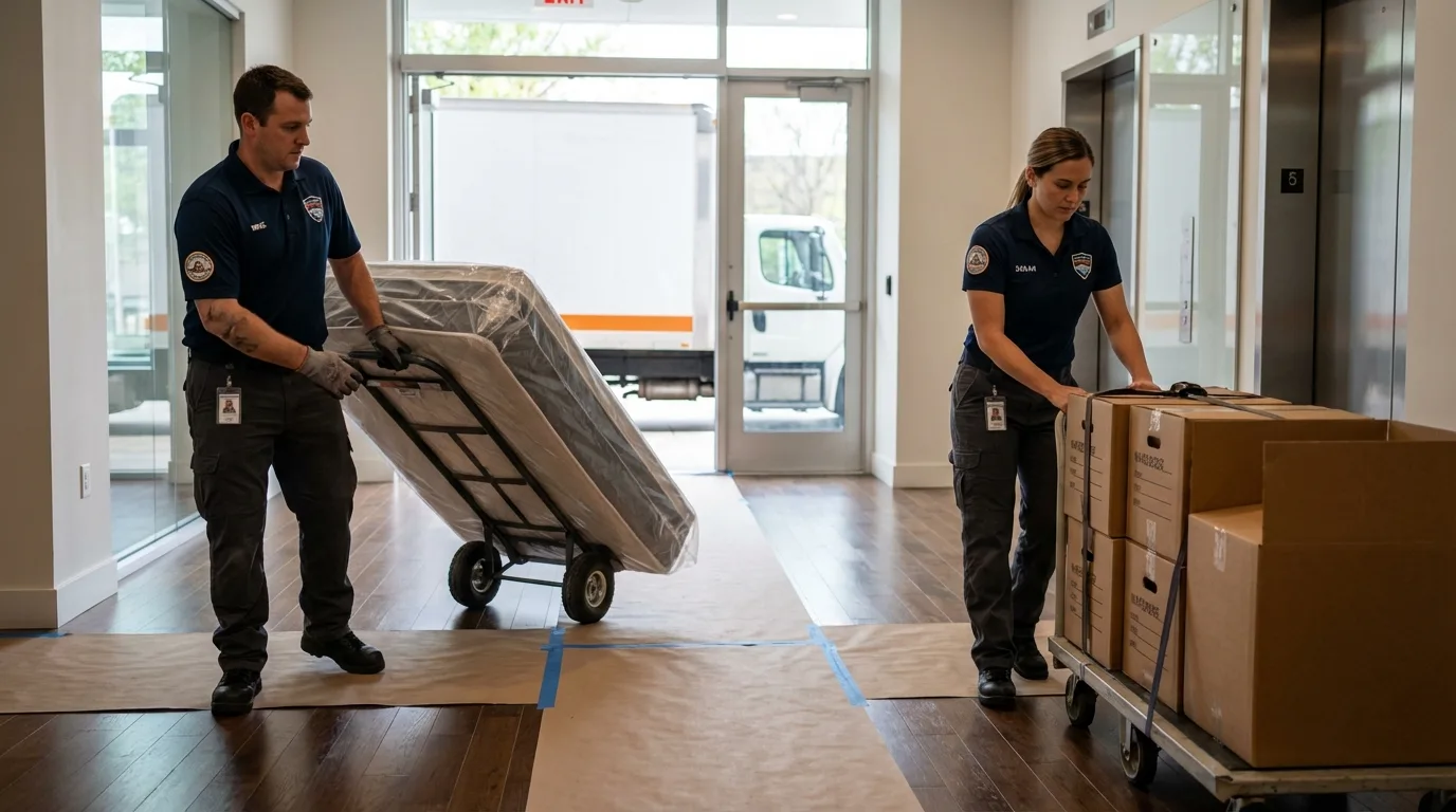 Professional apartment movers loading elevator in North Royalton, OH