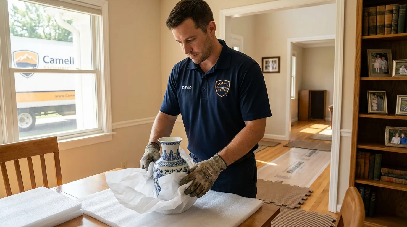 Professional crew carefully wrapping antique vase for senior downsizing move in North Royalton, OH